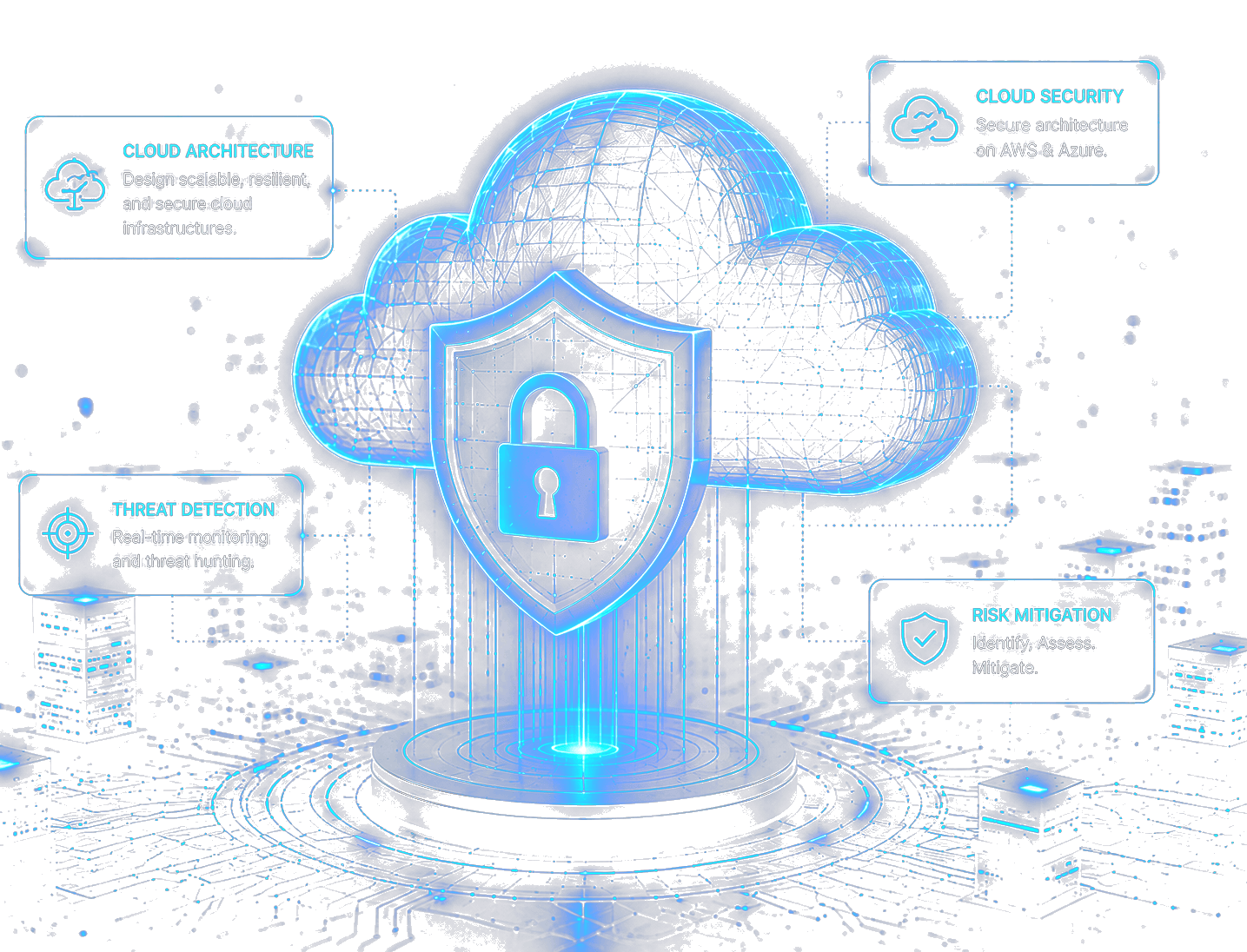 Holographic cloud secured by a shield and lock, with cloud architecture, cloud security, threat detection, and risk mitigation callouts